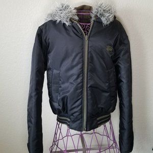 Vintage Stussy cropped reversible bomber jacket with fur-Black/green corduroy-M